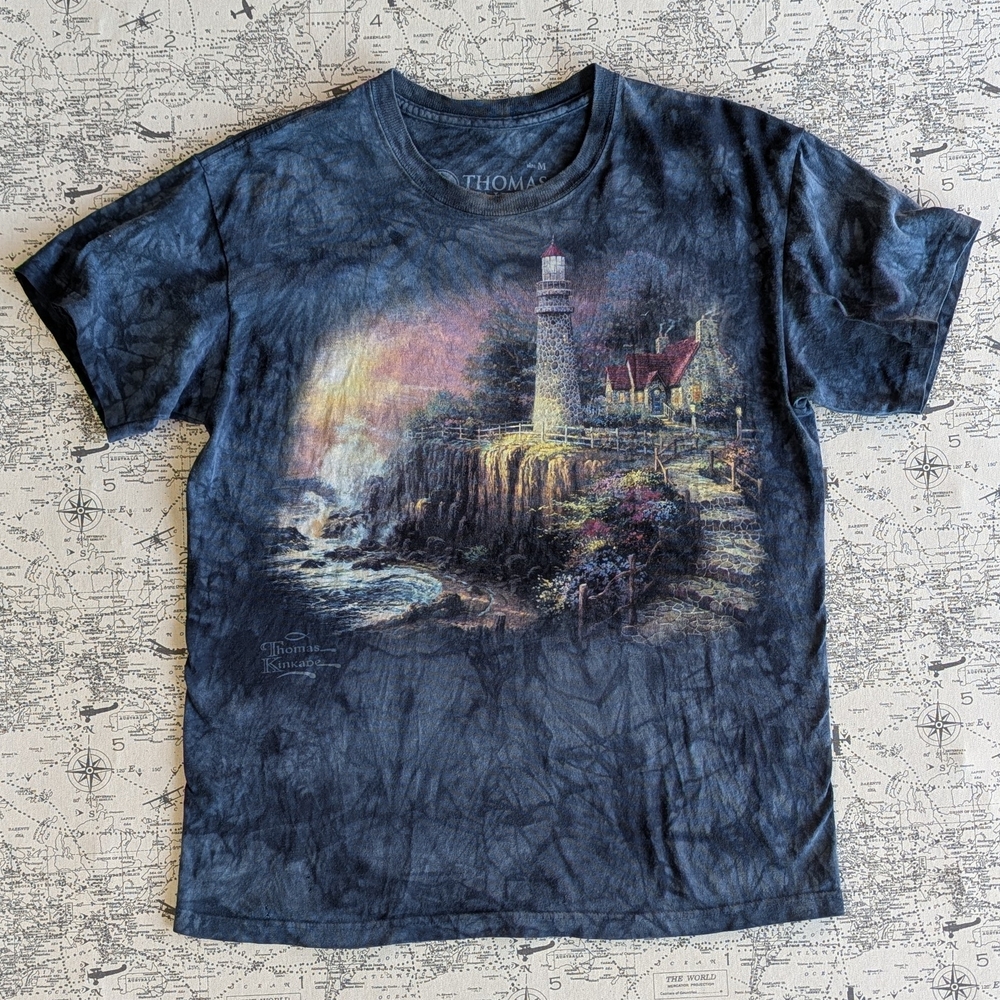 Thomas Kinkade Navy Tie-Dye Lighthouse Graphic Tee Size Medium